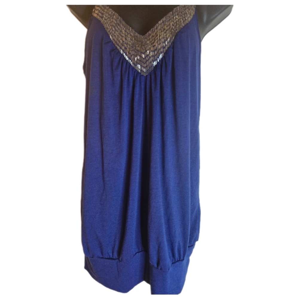 Blue halter with metallic V-neckline